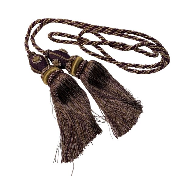 Large Curtain Tieback Fringe Tassel Hollywood Regency 11in Burgundy Gold Set u - Picture 2 of 8